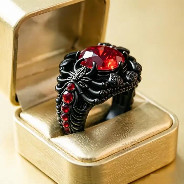 Bague vintage de luxe pour homme, grande bague carrée en zircon rouge rubis, motif couronne, alliage, style ottoman turc, bagues statement pour homme