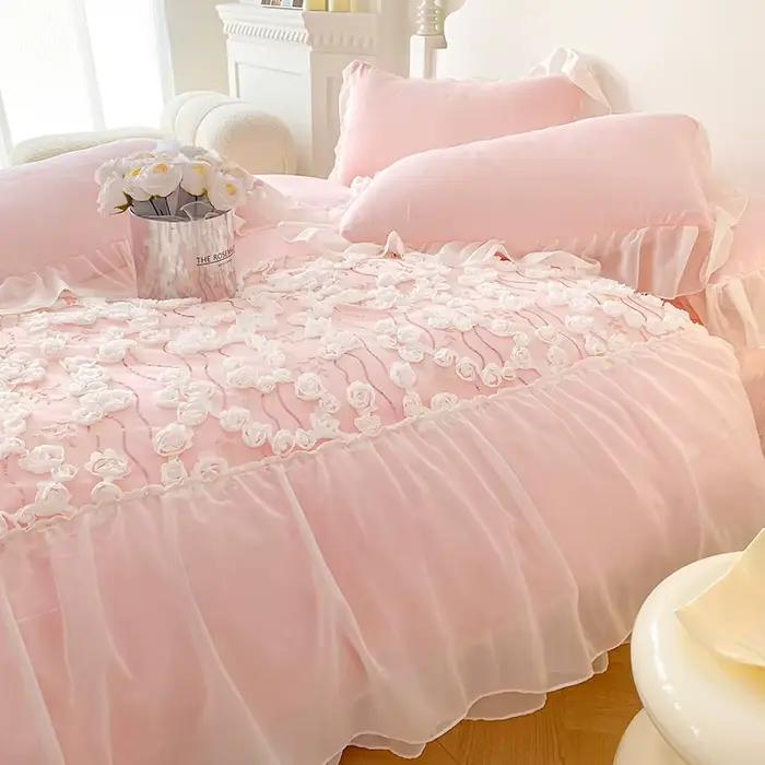 Parure de lit rose avec dentelle pour filles, ensemble de housse de couette de Style princesse, ensemble de draps à fleurs en dentelle, ensemble de literie simple/Queen/King