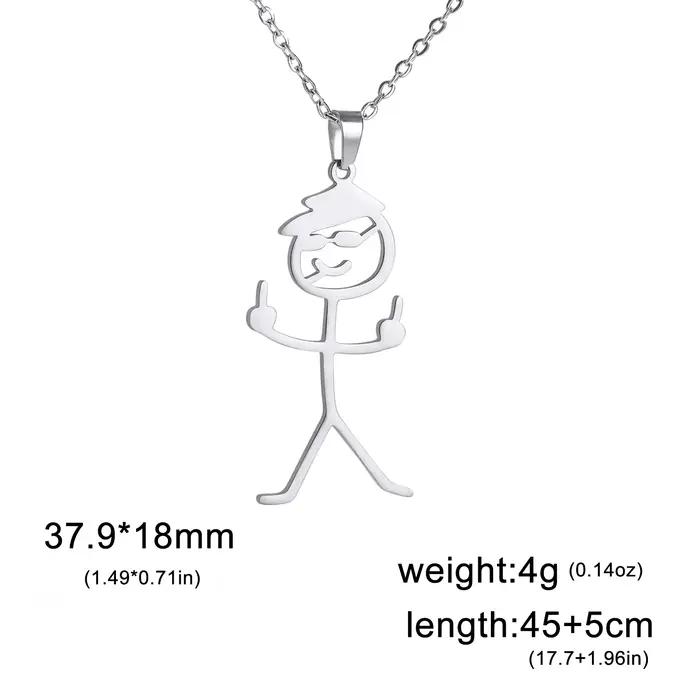 Collier amusant pour homme et femme, pendentif doigt d'honneur style doodle stickman, couleur or, bijoux en acier inoxydable, accessoire chaîne rock punk