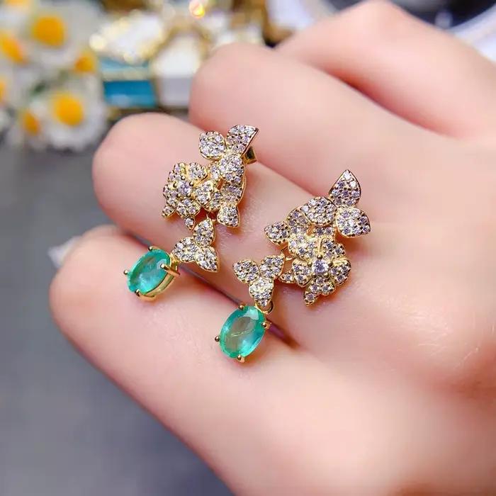 Magnifiques boucles d'oreilles en argent sterling S925, émeraude véritable, bijoux avant à la mode pour son grand cadeau pour les anniversaires et les vacances