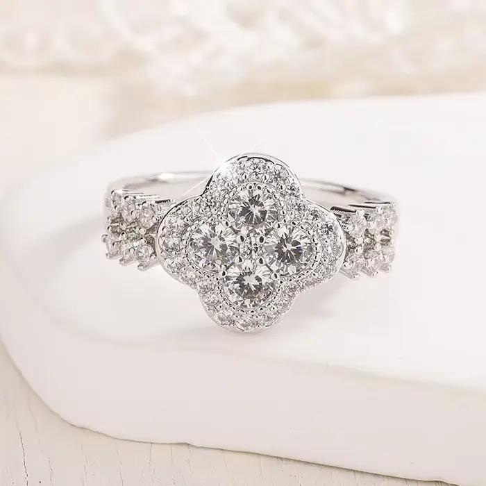 Bague en or blanc 18 carats plaqué or avec diamant, bijoux fins à quatre feuilles pour femmes, argent sterling S925, cadeau de fiançailles et de mariage