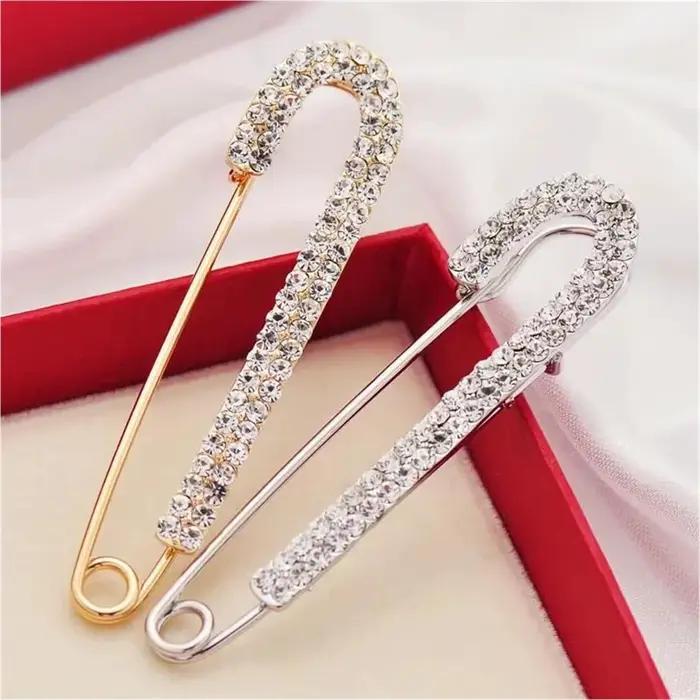 1 pièce Broches en strass avec boucle argentée ​ Grandes broches de bijouterie luxueuses pour femme, épingles de sûreté brillantes pour foulard, style mode