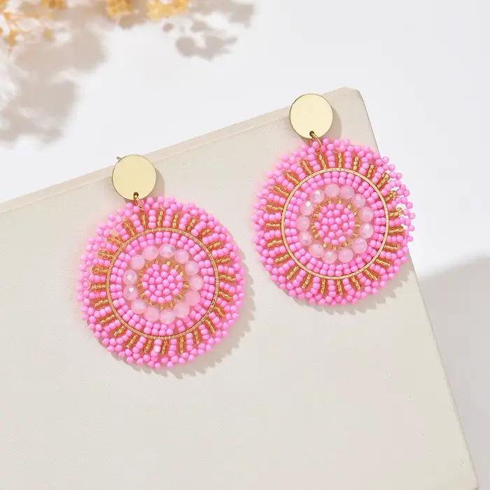 Boucles d'oreilles pendantes rondes en perles faites à la main de style bohème vintage, parfaites pour les femmes à porter au quotidien, en vacances, lors de fêtes, etc.