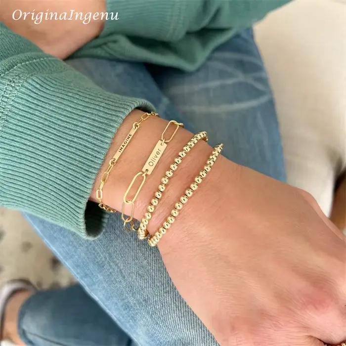 Bracelet élastique en perles d'or fait à la main, rempli d'or 14K, résistant au ternissement, bijoux Boho Vintage pour femmes
