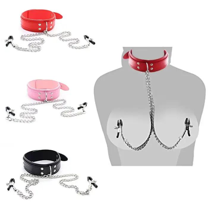 Collier fétichiste BDSM, pinces à tétons, collier en cuir, chaîne d'esclave, jouets sexuels érotiques pour adultes pour femmes, Couples, hommes, jeux de fletting, Sex Shop