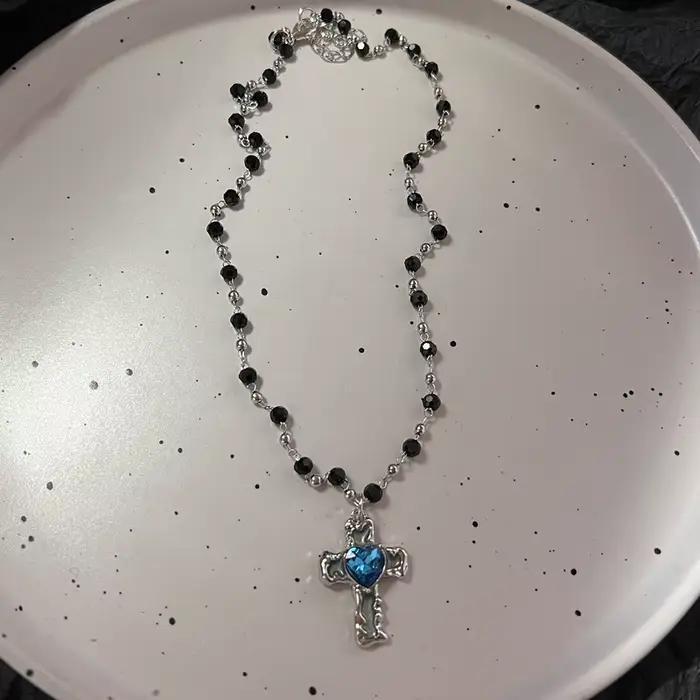 Pendentif croix bleue gothique pour hommes et femmes, bijoux de document en argent, collier de mode, breloques ChimPunk Y2K, accessoires de bijoux Hip Hop