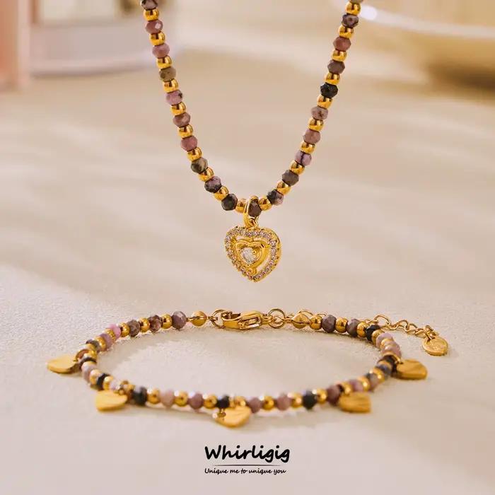 Collier et bracelet avec pendentif en forme de cœur en pierres naturelles pour femmes, plaqué or 18 carats, perles rondes en acier inoxydable, bijoux à breloques