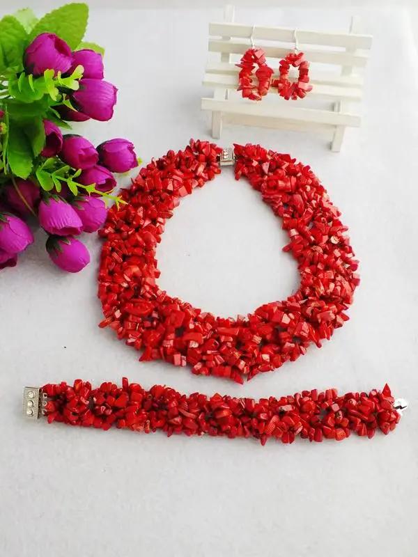 grosses soldes! !! Ensemble de bijoux en corail, collier, boucles d'oreilles, bracelet, élégant, pour fête/mariage, 18 pouces