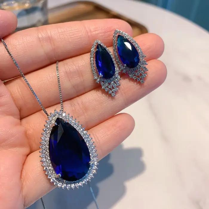 Parure de bijoux élégante pour filles, boucles d'oreilles et collier de mariée en zircon, bijoux de luxe pour mariage, bijoux goutte d'eau bleue, cadeau de fête tendance