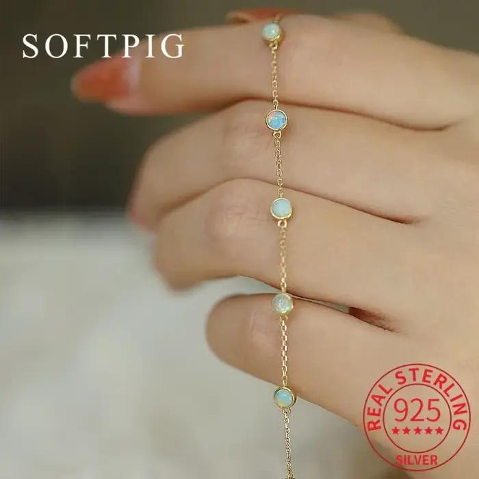 SOFTPIG-Bracelet en argent regardé 925 véritable pour femme, opale ronde, or 18 carats, bijoux de fête, cadeau exquis, mode