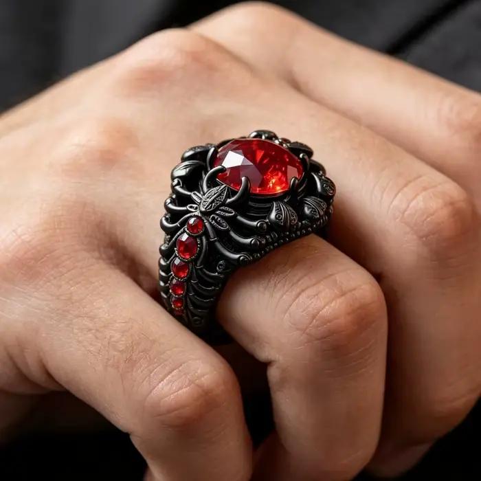 Bague vintage de luxe pour homme, grande bague carrée en zircon rouge rubis, motif couronne, alliage, style ottoman turc, bagues statement pour homme