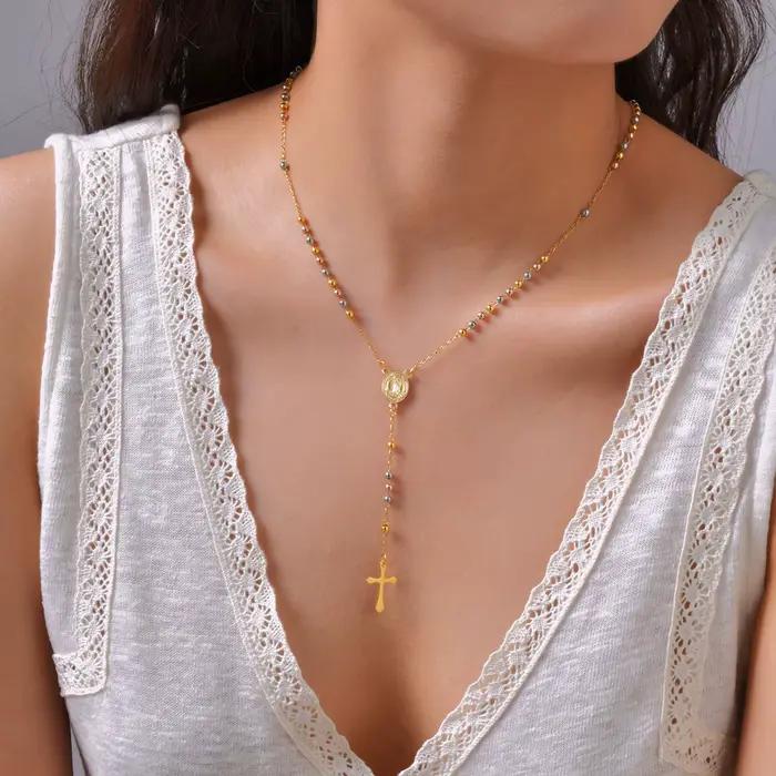 Vnox – collier chapelet Long, accessoires en acier inoxydable, barre ovale de la vierge marie avec pendentif croix, bijoux à la mode
