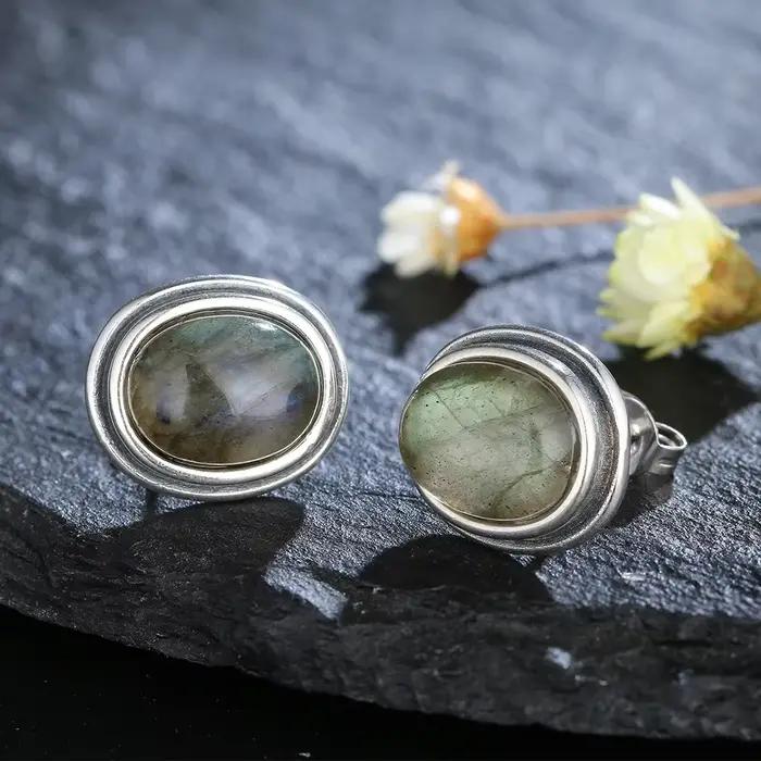Boucles d'oreilles clous en labradorite naturelle 8x10MM pour femme, bijoux en argent sterling 925, style simple et vintage, cadeau d'anniversaire ou de fête