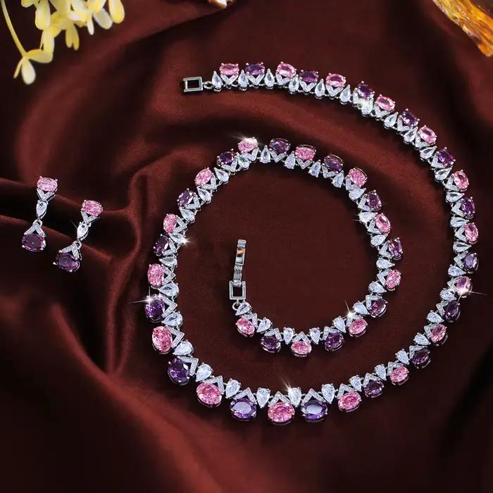 Pera – collier ovale de luxe en zircone rose et violette, boucles d'oreilles brillantes pour femmes, ensemble de bijoux pour mariage, banquet, soirée, J088