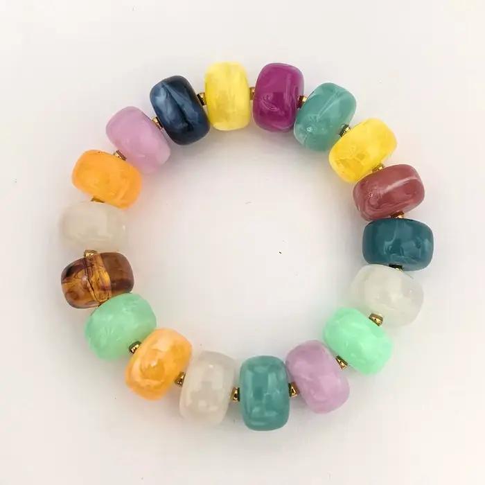 Bracelet élastique rond en résine pour femme, couleur or, perles baril PVD, grand acier inoxydable, étanche, fait main, DIY, bleu beige