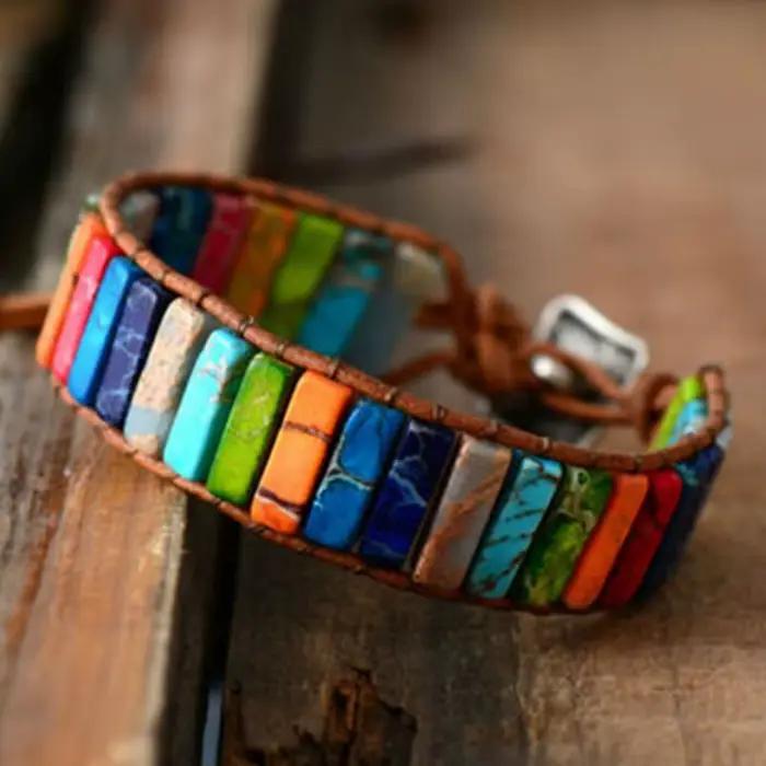 Bracelet bohème multicolore en pierre impériale, 7 chakras, pierres rectangulaires, bracelet en corde de cuir, bijoux de poignet K0