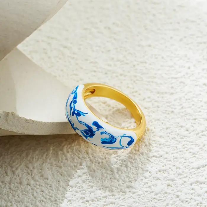 Bague statement en émail bleu et blanc pour femmes, vintage, large, couleur or, cercle, bague de doigt, étanche, bijoux vintage, cadeaux