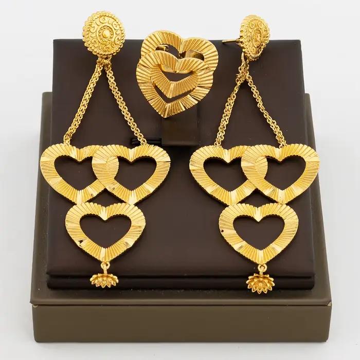 Boucles d'oreilles pendantes et bague en cuivre plaqué or pour dames, ensemble de bijoux exquis, accessoires de bijoux de Dubaï
