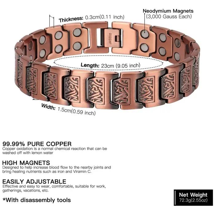 ARADOO Bracelet en cuivre pour hommes, 100% cuivre pur, bracelet à maillons magnétiques, bijoux, cadeau avec outil de réglage de la taille