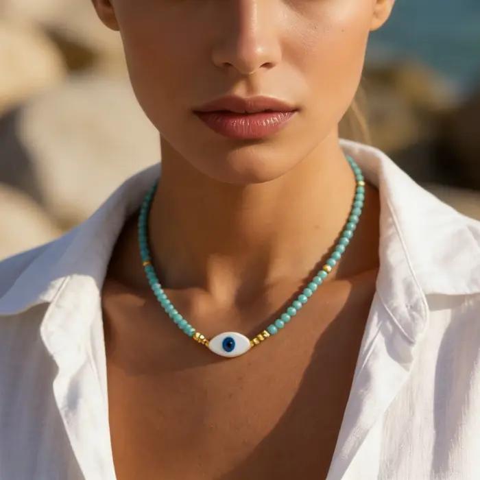Collier ras du cou bohème en perles de cristal bleues avec pendentif œil porte-bonheur pour femme, bijoux de luxe bohèmes d'été, cadeaux
