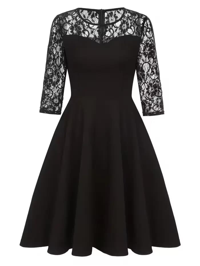 Robe trapèze noire élégante à col rond et manches 2/3 pour femme, idéale pour le bureau ou l'été, coupe ample et élégante