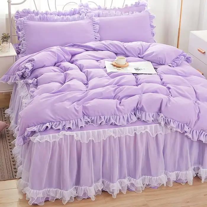 Parure de lit rose avec dentelle pour fille, drap de jupe princesse, couvre-lit pour document solide coréen, taie d'oreiller, décor de chambre à coucher, literie pour couple de mariage