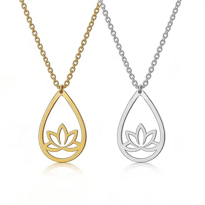 Collier pendentif goutte d'eau en forme de fleur de Lotus, délicat, en acier inoxydable plaqué or, bijoux de méditation et de Yoga