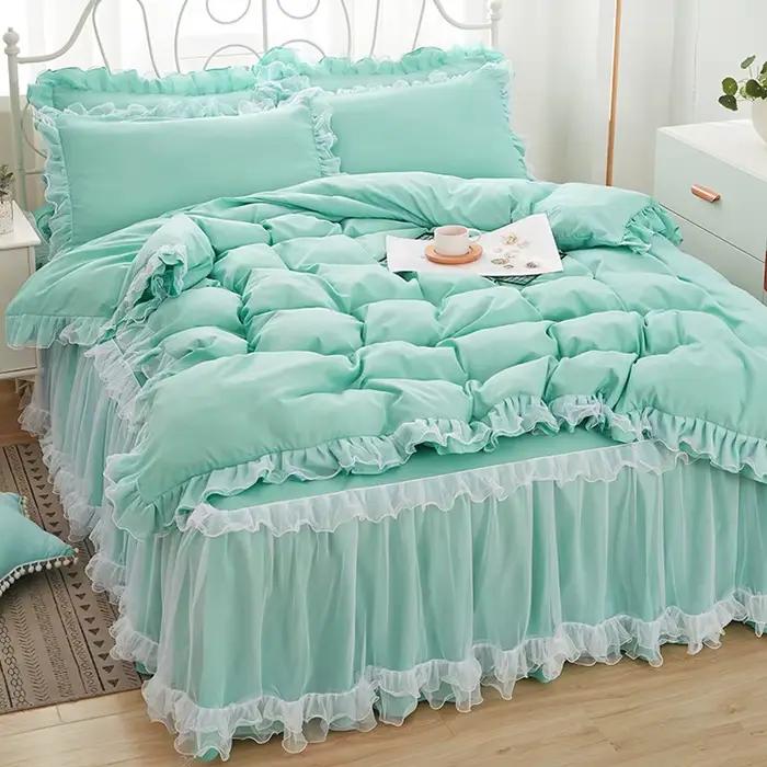 Parure de lit rose avec dentelle pour fille, drap de jupe princesse, couvre-lit pour document solide coréen, taie d'oreiller, décor de chambre à coucher, literie pour couple de mariage
