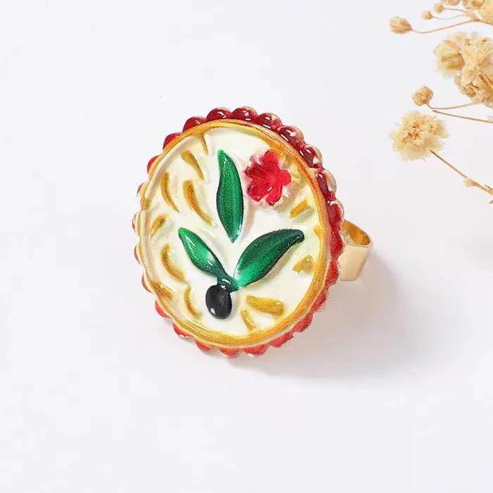 Bague en métal de style ethnique pastoral unique, imprimé fleurs et plantes, grenade, forme irrégulière et cœur, pour femme, NOUVEAU