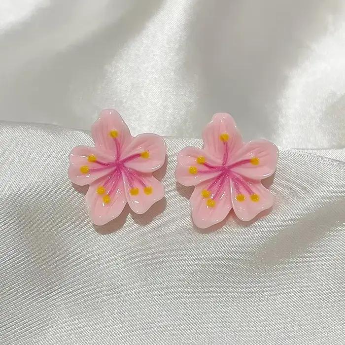 Boucle d'oreille en résine rose sans fleurs pour femme, clou de fleur de Sakura, accessoire de bijoux doux et mignon, cadeau de mariage pour fille, géométrie