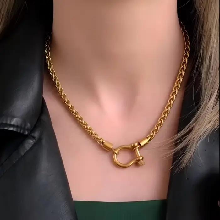 Mousqueton bicolore à breloque épaisse de 18 pouces, fer à cheval, collier en acier inoxydable pour femmes, collier de verrouillage à vis, chaîne en corde, bijoux Vintage