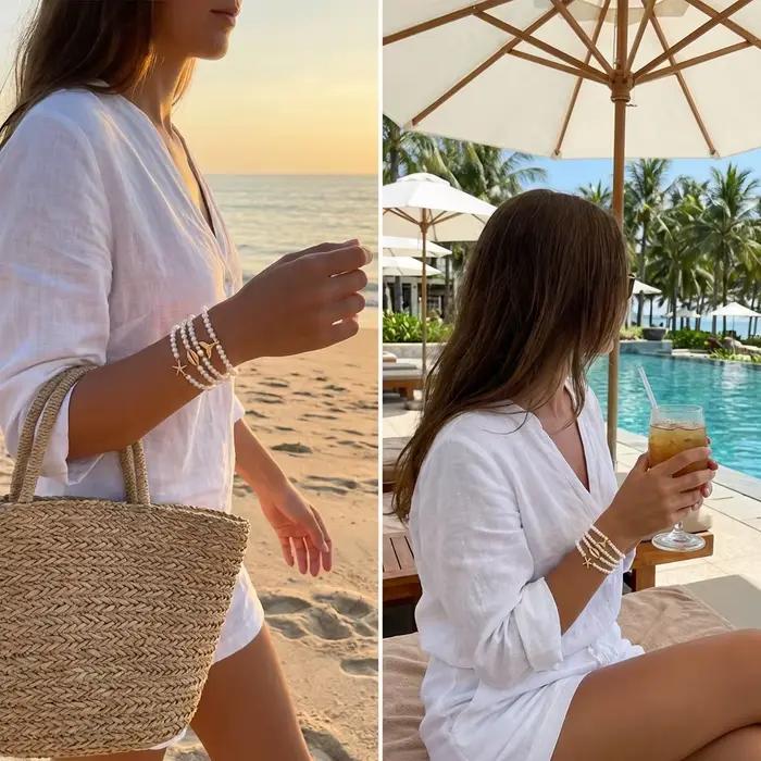 Ensemble de bracelets extensibles Boho pour femme, imitation perles, couleur or, avec breloques coquillages et étoiles de mer, style surfiste, cadeau