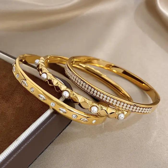Greatera – Bracelet ovale en strass doré, à la mode, deux rangées de diamants incrustés de perles en acier inoxydable pour femmes, nouveau