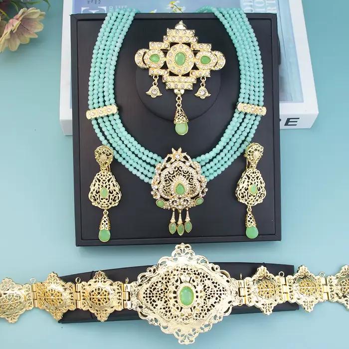 Sunspicems couleur or marocain Caftan ceinture taille chaîne femmes perles chaîne collier ras du cou longue boucle d'oreille arabe mariée bijoux de mariage