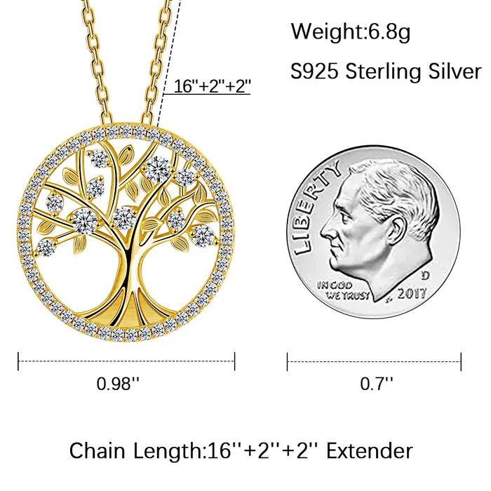 Collier pendentif Arbre de Vie en argent S925 plaqué or avec moissanite, design branches et feuilles, bijou cadeau pour femme ﻿