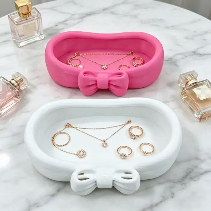 Plateau de rangement pour bijoux avec joli nœud décoratif, lisse, grande capacité, organisateur de voyage portable pour la vanité, les bijoux et les cosmétiques