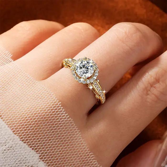 Bague de fiançailles Rrjzz en moissanite taille ronde 6,5 mm 1 carat pour femme, bague de promesse, alliance de mariée, bague halo, bijoux GRA, cadeaux