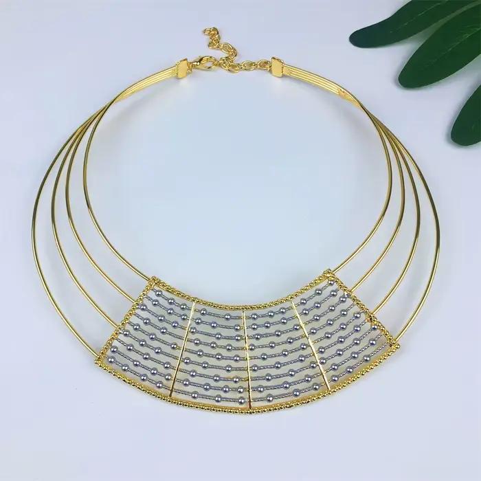 Ensemble de bijoux géométriques deux tons pour femmes, 4 pièces, collier épais, boucles d'oreilles, Bracelet, bague, cadeaux de fête de mariage