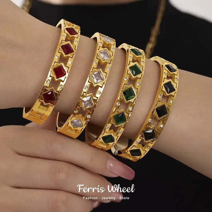 Bracelet Vintage pour femmes, sans rouille, plaqué or, en acier inoxydable, carré en verre rouge, breloque, bijoux de luxe, cadeau