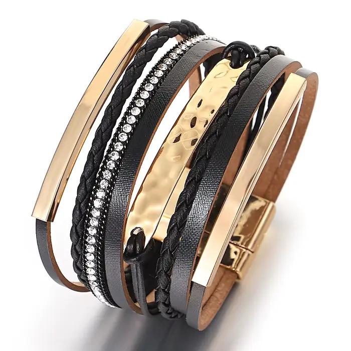 ALLYES Vintage Bracelet en cuir tressé à la main pour femmes hommes Boho gros multicouche Wrap large Bracelet Bracelets Punk bijoux
