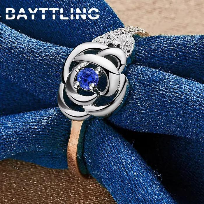Bague en argent Sterling 925 pour femmes, fleur de Rose, beau charme, Zircon bleu, cadeaux de fiançailles, accessoires bijoux, nouvelle collection