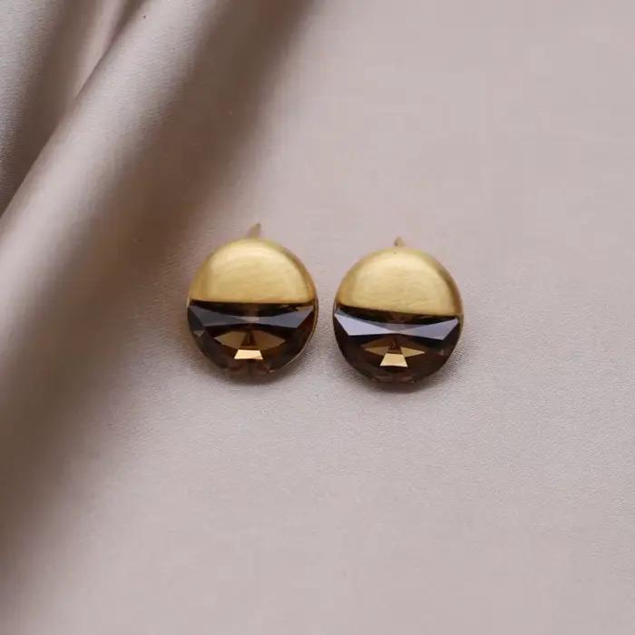 Boucles d'oreilles en métal brossé plaqué or 14 carats, nouveaux bijoux à la mode coréenne, demi-cercle en cristal gris, accessoires de travail quotidiens élégants pour femmes