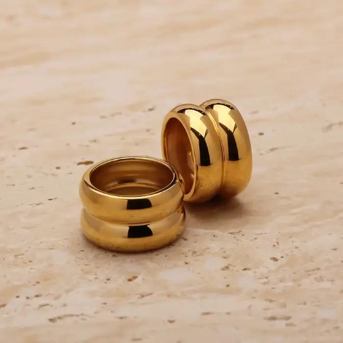 Bague en acier inoxydable Double couche pour femmes, dôme épais, empilable, minimaliste, Vintage, épais, grand, double bande, bijoux étanches