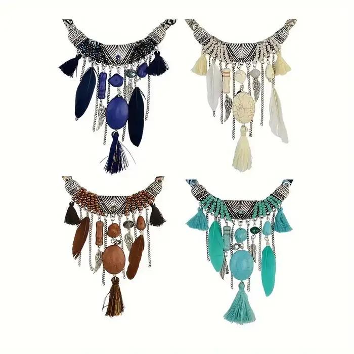 Collier ethnique Vintage Chic avec pendentif en plumes Turquoise pour femmes, colliers en corde bohème de la tribu indienne, bijoux, accessoires de fête