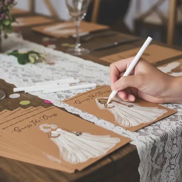 20 cartes de jeu 'Devinez la robe' avec stylos pour enterrement de vie de jeune fille