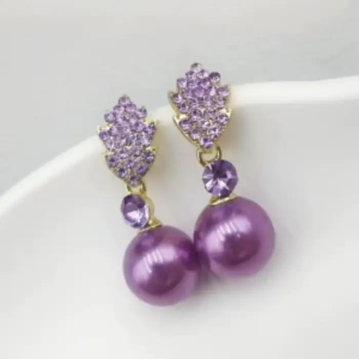 Boucles d'oreilles de luxe pour femmes, romantique, violet brillant, feuilles de Zircon, pendentif en perles, bijoux de charme de mariée de mariage