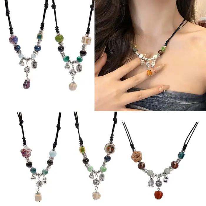 Collier pendentif goutte d'eau en céramique fait à main, ras du cou perles en céramique