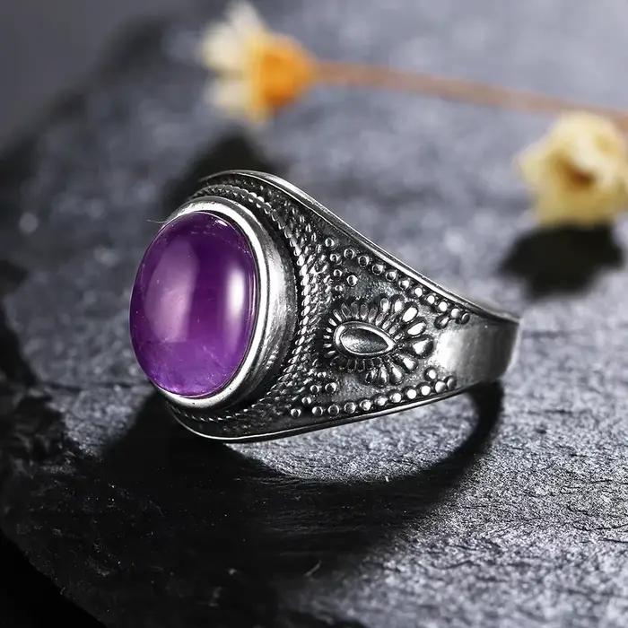 Bagues en argent améthyste naturelle pour hommes et femmes, bijoux fins pour fête d'anniversaire de mariage, cadeaux de fiançailles