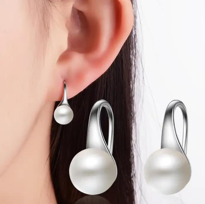 Boucles d'oreilles pendantes en argent sterling 925 pur pour femmes, perle d'eau douce naturelle ronde, boucles d'oreilles à crochet, boucles d'oreilles pendantes, brincos de prata