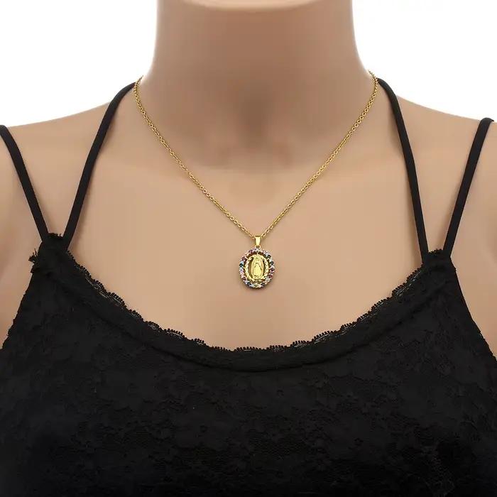 Collier vierge marie pour femmes, pendentif elliptique en Zircon coloré, chaîne de couleur or, mode féminine, croyance, prière, bijoux de fête
